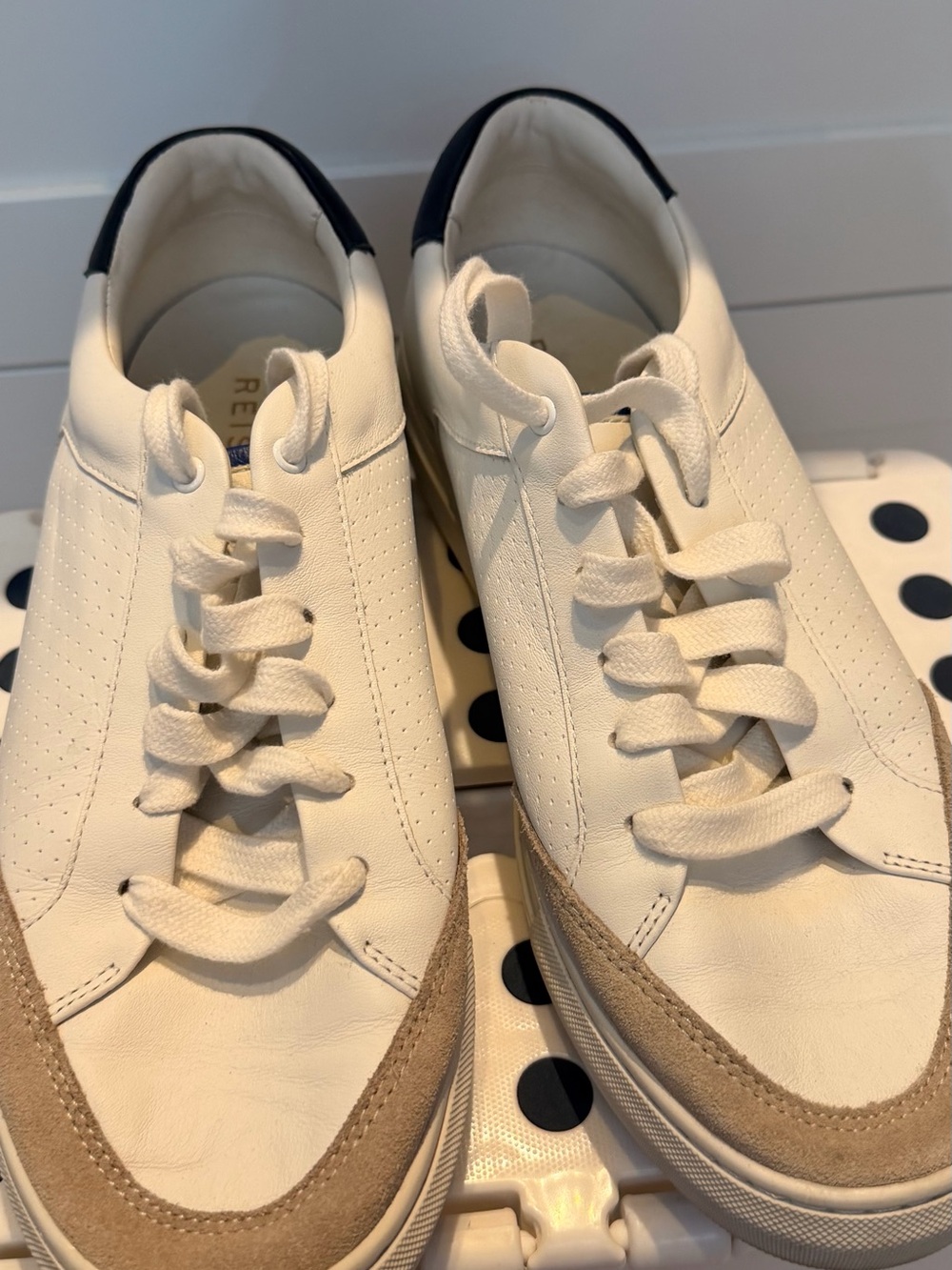 Reiss Men's Cream Leather Sneakers with Beige Suede Trim